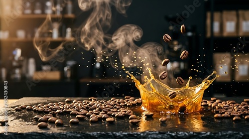 Biji Kopi dan Cangkang Kopi dalam Proses Pencampuran di Ruang Kafe Modern untuk Promosi Industri Kopi