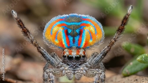 Macro photography of a colorful peacock spider displaying its vibrant abdomen in the natural forest