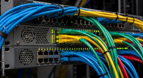 Network Switch with Colorful Ethernet Cables Connected.