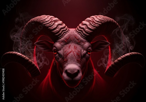 Red Demonic Ram with Large Curved Horns and Smoke. Generative Ai