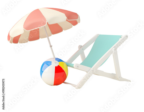 Miniature 3D isometric beach vacation scene featuring a striped sun umbrella, folding lounge chair, and colorful inflatable ball on a small isolated sand patch