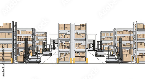 Warehouse Logistics and Distribution Center Illustration with Forklifts and Storage Shelves