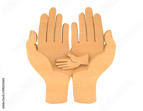 Minimalist Three Dimensional Wooden Icon Representing Family Care and Protection Featuring Large Adult Hands Holding Tiny Child Hand with Warm Natural Timber Texture Isolated Graphic