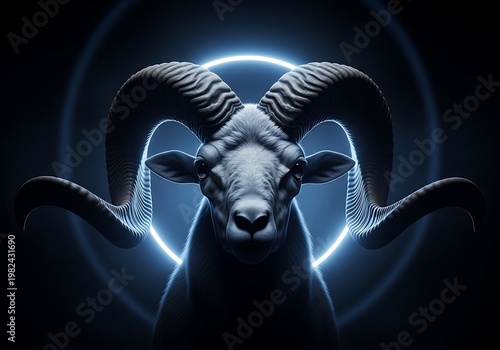Majestic White Ram with Large Curved Horns and Blue Backlight. Generative Ai