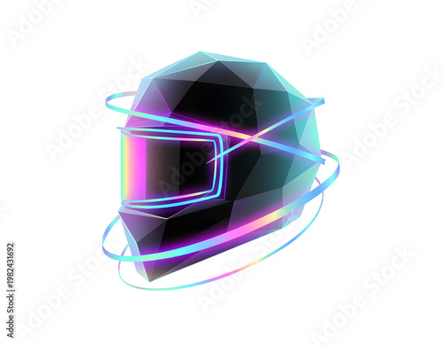 Abstract Futuristic Sci-Fi Geometric Helmet Silhouette with Holographic Neon Glow and Cyberpunk Aesthetic Isolated High Tech Robotic Head Graphic for Gaming and Metaverse Design