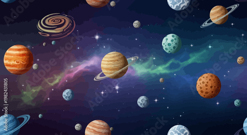 The planets and celestial bodies are orbiting in space with a beautiful nebula.