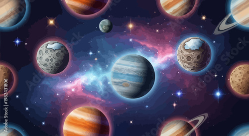 Galactic scene with planets, stars, and cosmic elements in space