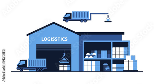 Industrial Warehouse and Logistics Hub with Trucks, Cranes, and Cargo Storage Vector Illustration