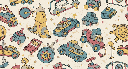 Vibrant illustration of toy vehicles and robots scattered on a surface with decorative elements.