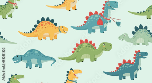 A group of dinosaurs, including a spiky green dinosaur, yellow dinosaur, and blue dinosaur, are scattered across a light green surface.