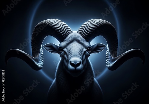 Majestic White Ram with Large Curved Horns and Blue Backlight. Generative Ai
