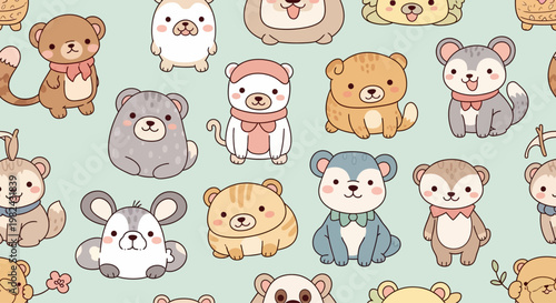 Cute cartoon animals play together on a mint green background surface