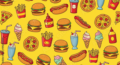 A colorful illustration of various fast food items scattered on a yellow background including burgers and fries