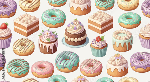 A colorful assortment of donuts and cupcakes on a table indoors
