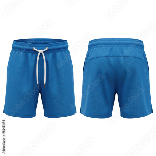 Front and back views of electric blue micro-mesh athletic shorts with a white drawstring on a transparent studio background concept of premium sportswear