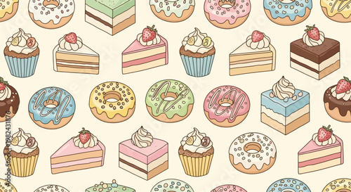 A colorful assortment of cupcakes and cakes arranged in rows on a table