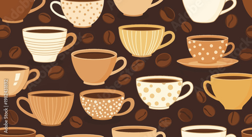 A vibrant collection of coffee cups and saucers with coffee beans on a dark brown background showcasing various designs and patterns.