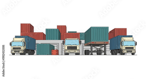 Logistics and Supply Chain Concept Illustration with Cargo Trucks, Shipping Containers, and Warehouse Loading Docks for Global Freight and Distribution Management