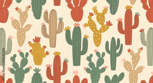 Vibrant cacti and succulents arrangement in a desert garden landscape with various plants and flowers.