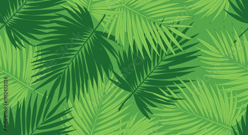 Vibrant green palm leaves fill the frame in a lush natural setting.