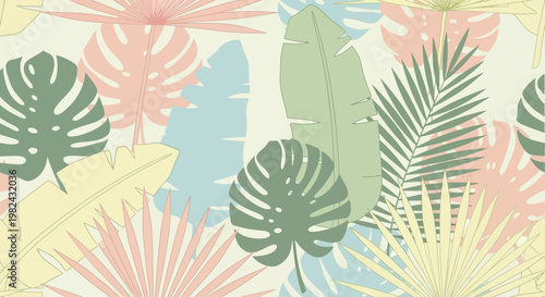 Vibrant tropical leaves and plants in a colorful illustration composition.