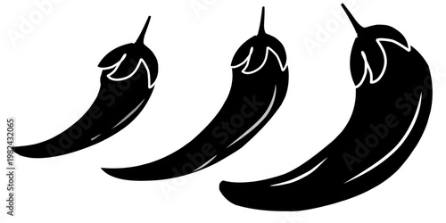 A collection of chili pepper illustrations. Hand-drawn illustrations of black chili peppers.