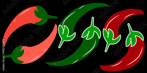 A collection of chili pepper illustrations. Hand-drawn illustrations of ripe and unripe chili peppers.