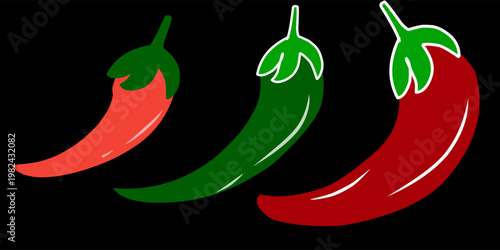 A collection of chili pepper illustrations. Hand-drawn illustrations of ripe and unripe chili peppers.