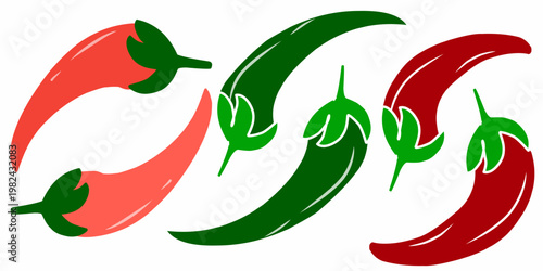 A collection of chili pepper illustrations. Hand-drawn illustrations of ripe and unripe chili peppers.