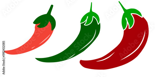 A collection of chili pepper illustrations. Hand-drawn illustrations of ripe and unripe chili peppers.