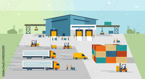 Modern Logistics and Warehouse Distribution Center Illustration showing Supply Chain, Shipping, Trucks, and Cargo Containers