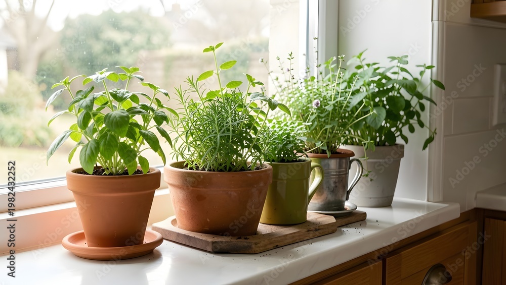 Fototapeta premium Kitchen herbs growing on windowsill