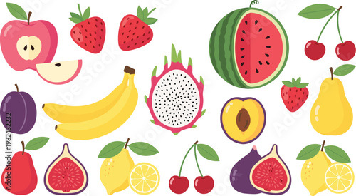 Colorful Flat Fruit Vector Collection Featuring Apple, Banana, Watermelon, Dragon Fruit, and Strawberry for Healthy Eating Blog Graphics, Grocery Apps, and Summer Food Designs