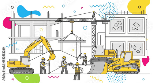 Modern Line Art Construction Site Illustration with Excavator, Bulldozer, Crane, and Professional Workers in Flat Design Style