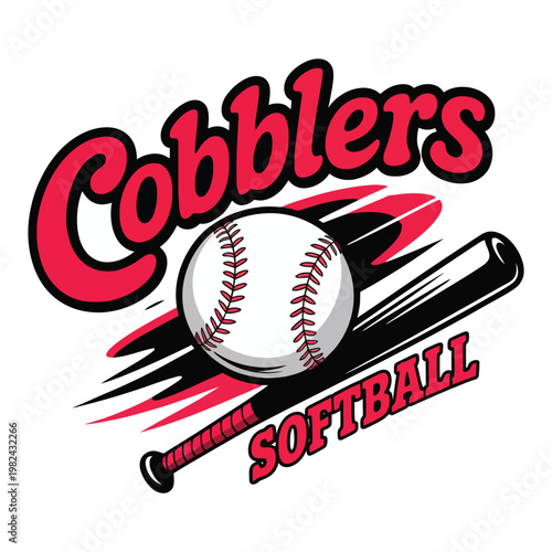 Cobblers softball team logo with baseball and bat isolated on white background