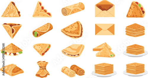Crepe Food Icon Set with Sweet and Savory Pancakes Rolls Stuffed Fillings Envelopes and Layered Desserts for Cafe Menu and Packaging Design
