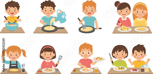 Cute Cartoon Kids Cooking and Baking Set Featuring Children Mixing Batter, Frying Pancakes, and Preparing Healthy Meals for Educational and Culinary Illustration Projects