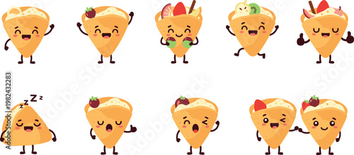 Cute Kawaii Crepe Character Vector Set Featuring Various Happy Emotions, Facial Expressions, and Fruit Toppings for Fun Dessert and Food Mascot Designs