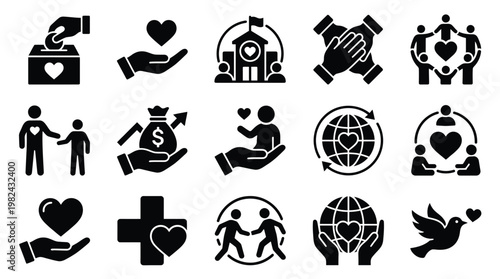 Collection of diverse icons representing charity, community support, and humanitarian aid, featuring symbols of giving, helping hands, and global connection.