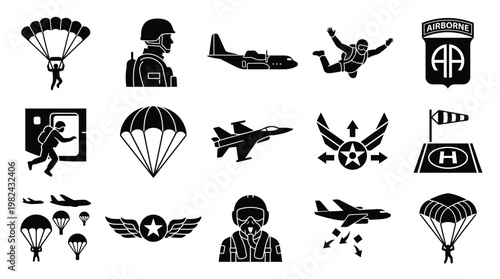 Collection of black and white vector icons representing various aspects of airborne operations and aviation, including paratroopers, aircraft, and military insignia.