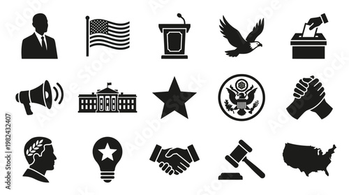 Collection of icons, including a man in a suit, American flag, podium, eagle, ballot box, megaphone, White House, star, seal, handshake, laurel wreath, lightbulb, gavel, and USA map.