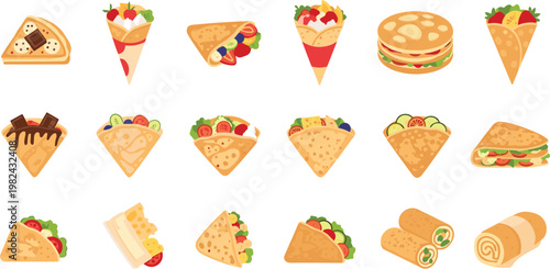 Flat Vector Illustration Set of Various Delicious French Crepes and Pancakes with Sweet and Savory Toppings Including Fruit, Chocolate, and Vegetables