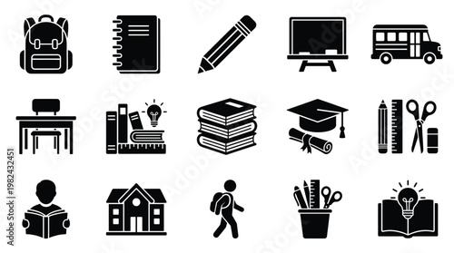 A collection of black and white icons representing various school and education-related items and concepts, including a backpack, books, a school bus, and a graduation cap.