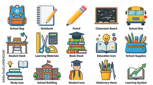 A collection of  a backpack, notebook, pencil, classroom board, school bus, student desk, learning materials, book stack, education icon, school supplies, study icon, school building, student icon