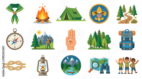 A vibrant collection of illustrations depicting various elements associated with scouting and outdoor adventures.