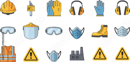 Industrial Personal Protective Equipment (PPE) Vector Icon Set Featuring Hard Hat, Safety Glasses, Ear Protection, Respirator Mask, Gloves, and Warning Signs
