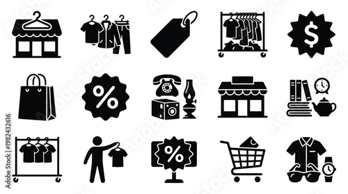 A collection of black and white icons representing various aspects of shopping, retail, and commerce, including stores, clothing racks, shopping bags, price tags, and sales.