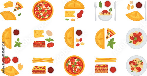 Italian Food Icon Set with Pizza Pasta Lasagna Ravioli Cheese and Tomato Dishes for Restaurant Menu Design and Culinary Branding