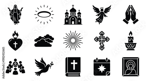 Collection of Christian religious symbols and icons, including a cross, angel, church, dove, Bible, and praying hands.