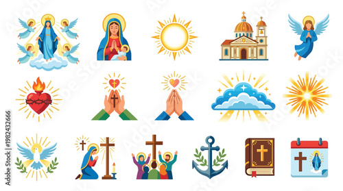A collection of religious symbols and icons representing faith, spirituality, and Christian iconography.